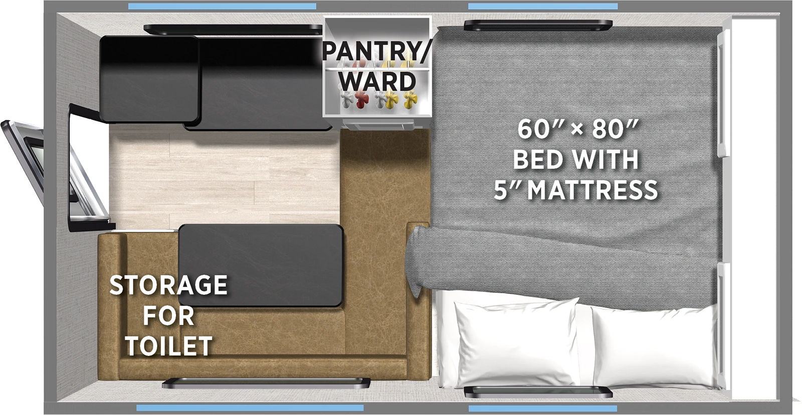 The Real Lite Truck Camper R-780H floorplan features include: toilet.